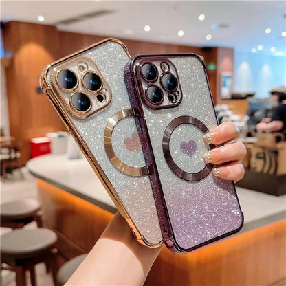 For iPhone 15 Pro Max Magnetic Case TPU Soft Back Cover Aesthetic Glitter Gradient Love Heart