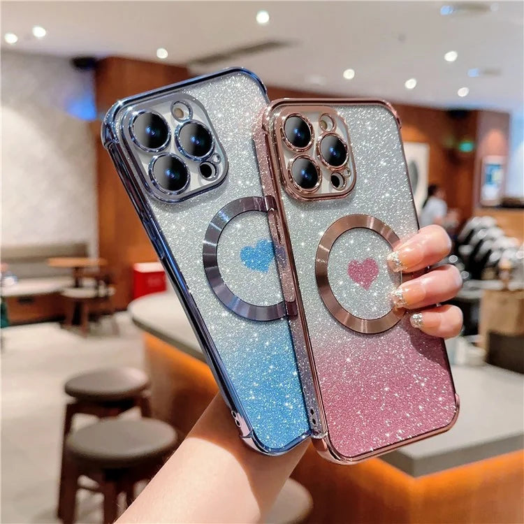 For iPhone 15 Pro Max Magnetic Case TPU Soft Back Cover Aesthetic Glitter Gradient Love Heart