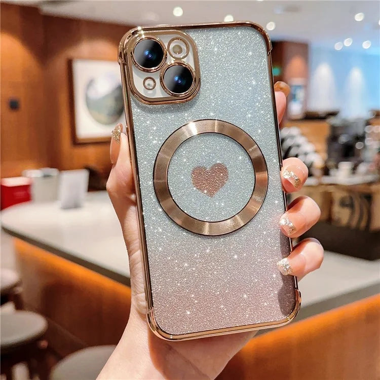 For iPhone 15 Case Compatible with MagSafe Gradient Love Heart Electroplating TPU Phone Cover