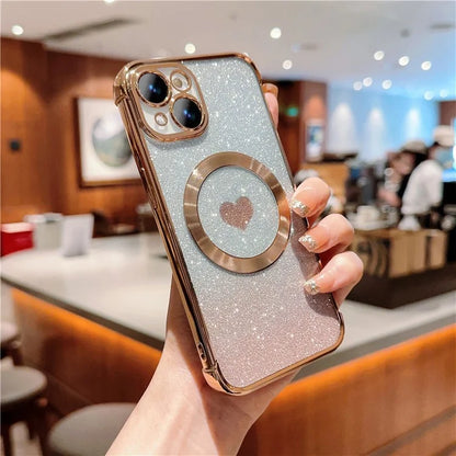 For iPhone 15 Case Compatible with MagSafe Gradient Love Heart Electroplating TPU Phone Cover