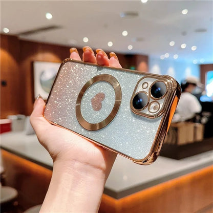For iPhone 15 Case Compatible with MagSafe Gradient Love Heart Electroplating TPU Phone Cover
