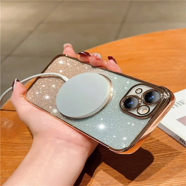 For iPhone 15 Case Compatible with MagSafe Gradient Love Heart Electroplating TPU Phone Cover