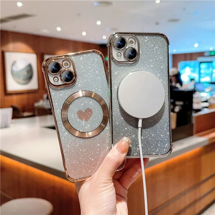 For iPhone 15 Case Compatible with MagSafe Gradient Love Heart Electroplating TPU Phone Cover