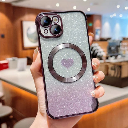 For iPhone 15 Case Compatible with MagSafe Gradient Love Heart Electroplating TPU Phone Cover