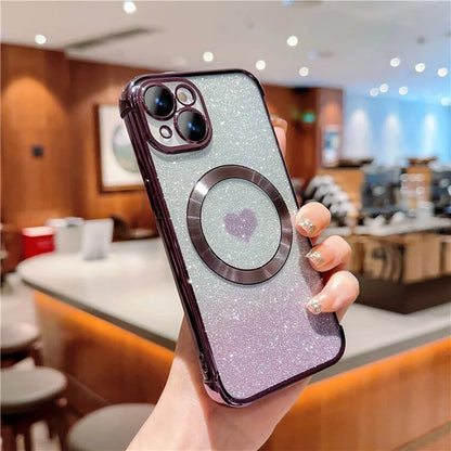For iPhone 15 Case Compatible with MagSafe Gradient Love Heart Electroplating TPU Phone Cover