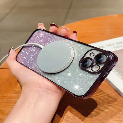 For iPhone 15 Case Compatible with MagSafe Gradient Love Heart Electroplating TPU Phone Cover