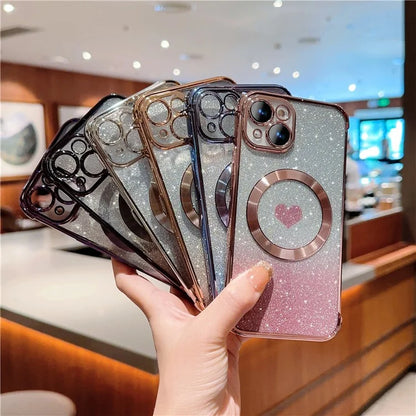 For iPhone 15 Case Compatible with MagSafe Gradient Love Heart Electroplating TPU Phone Cover