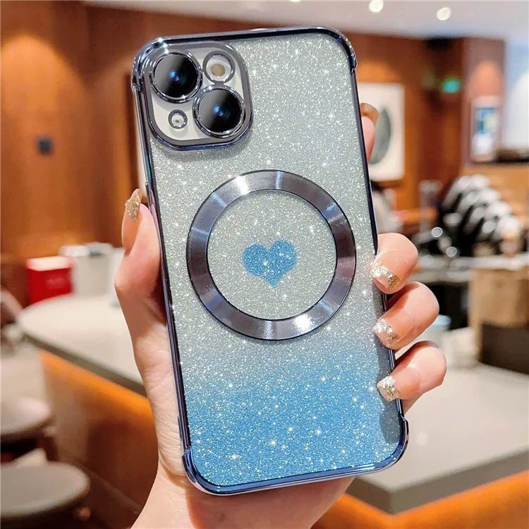For iPhone 15 Case Compatible with MagSafe Gradient Love Heart Electroplating TPU Phone Cover