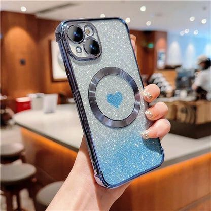 For iPhone 15 Case Compatible with MagSafe Gradient Love Heart Electroplating TPU Phone Cover