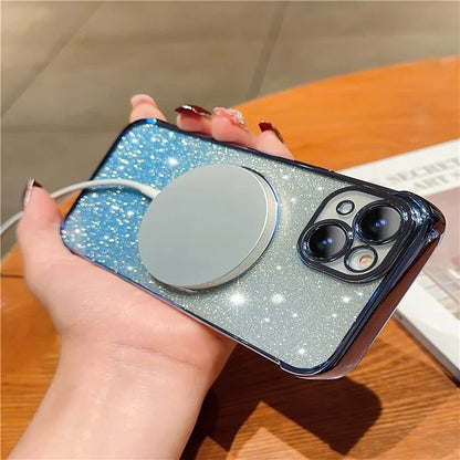 For iPhone 15 Case Compatible with MagSafe Gradient Love Heart Electroplating TPU Phone Cover