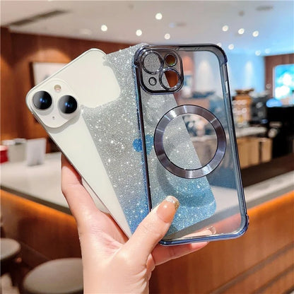 For iPhone 15 Case Compatible with MagSafe Gradient Love Heart Electroplating TPU Phone Cover