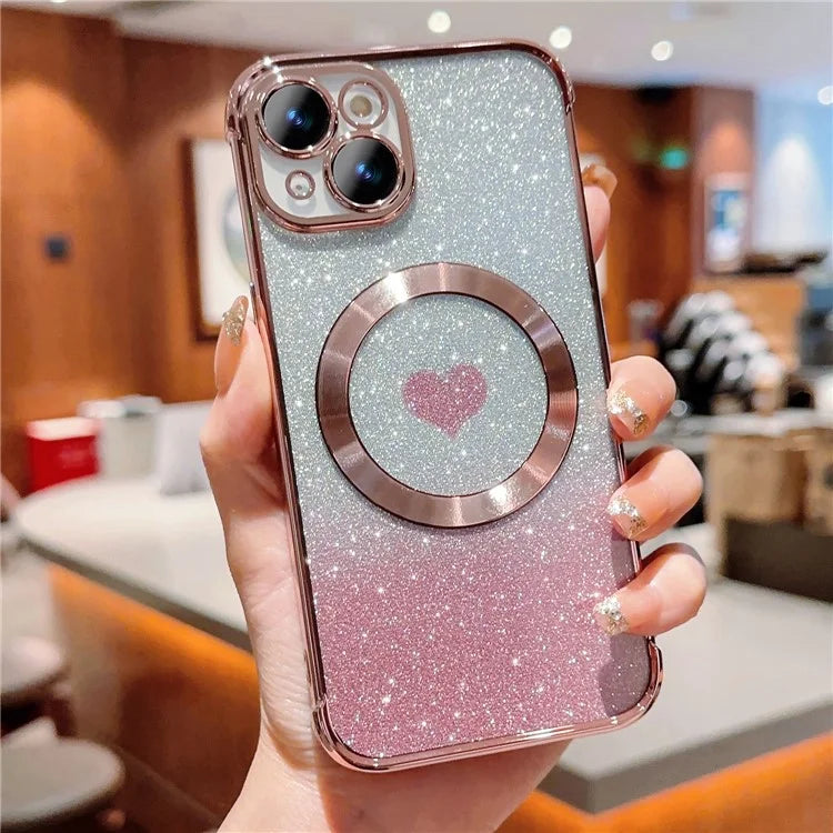 For iPhone 15 Case Compatible with MagSafe Gradient Love Heart Electroplating TPU Phone Cover