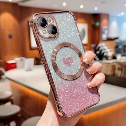 For iPhone 15 Case Compatible with MagSafe Gradient Love Heart Electroplating TPU Phone Cover