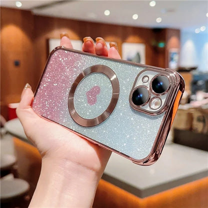 For iPhone 15 Case Compatible with MagSafe Gradient Love Heart Electroplating TPU Phone Cover