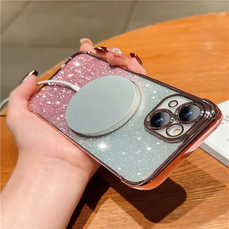 For iPhone 15 Case Compatible with MagSafe Gradient Love Heart Electroplating TPU Phone Cover