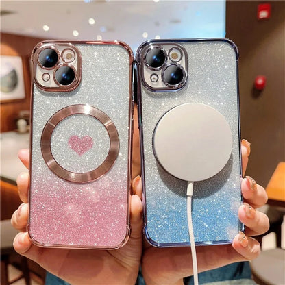 For iPhone 15 Case Compatible with MagSafe Gradient Love Heart Electroplating TPU Phone Cover