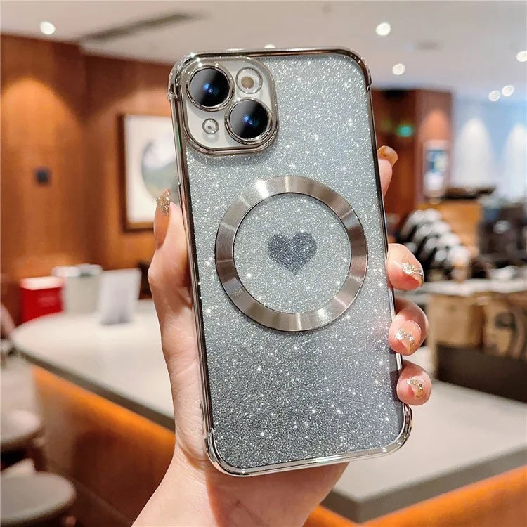 For iPhone 15 Case Compatible with MagSafe Gradient Love Heart Electroplating TPU Phone Cover