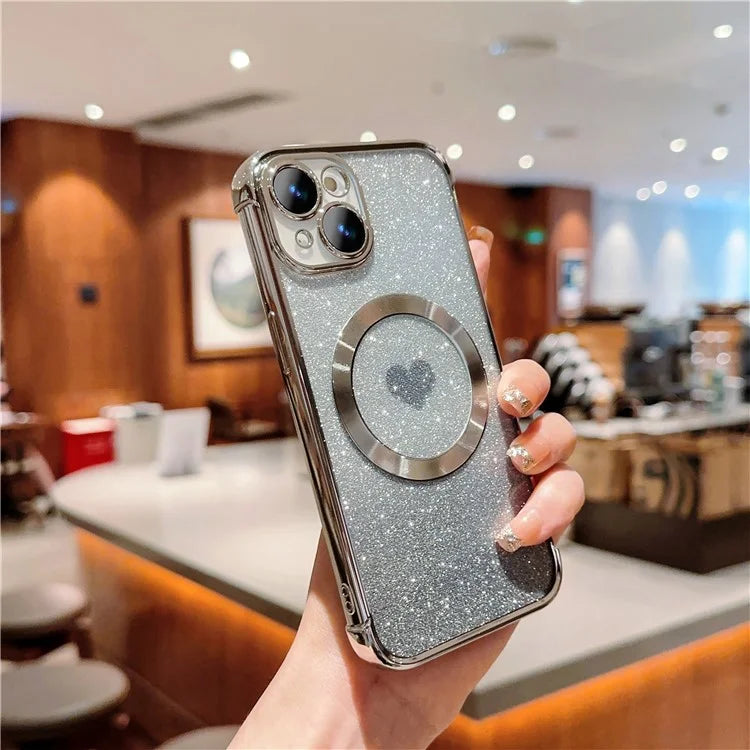For iPhone 15 Case Compatible with MagSafe Gradient Love Heart Electroplating TPU Phone Cover