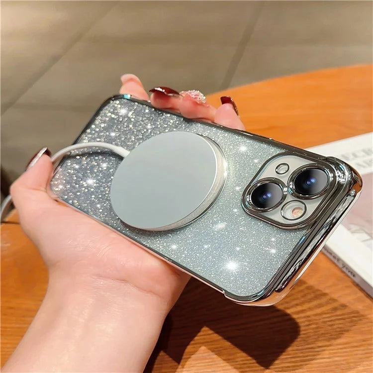 For iPhone 15 Case Compatible with MagSafe Gradient Love Heart Electroplating TPU Phone Cover