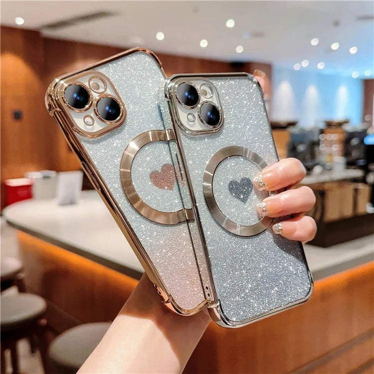 For iPhone 15 Case Compatible with MagSafe Gradient Love Heart Electroplating TPU Phone Cover