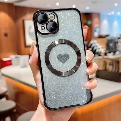 For iPhone 15 Case Compatible with MagSafe Gradient Love Heart Electroplating TPU Phone Cover