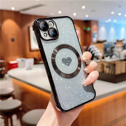 For iPhone 15 Case Compatible with MagSafe Gradient Love Heart Electroplating TPU Phone Cover