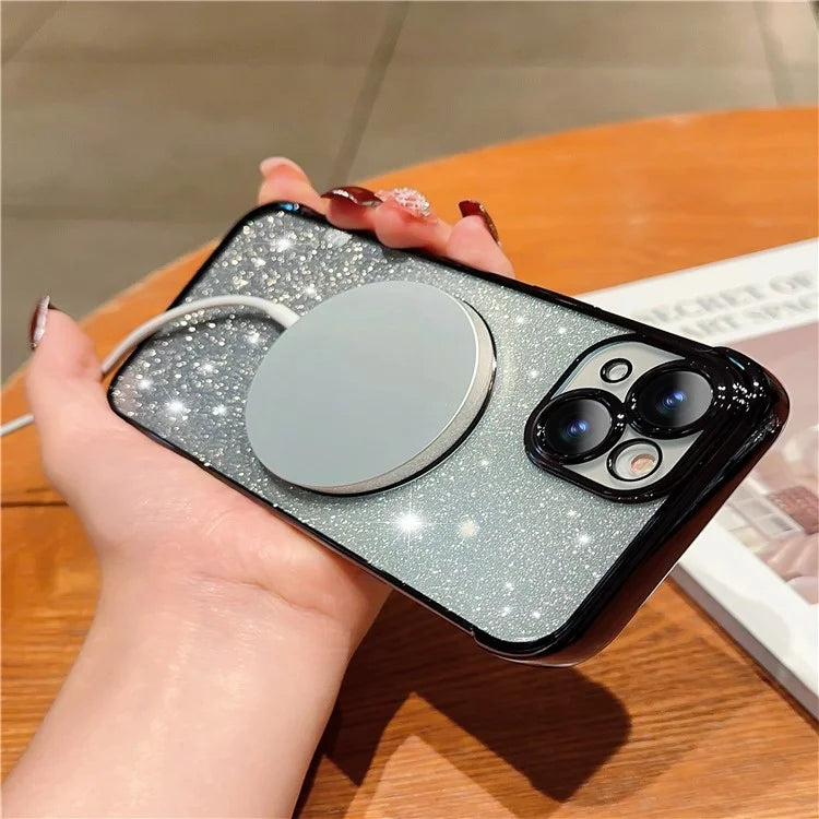 For iPhone 15 Case Compatible with MagSafe Gradient Love Heart Electroplating TPU Phone Cover