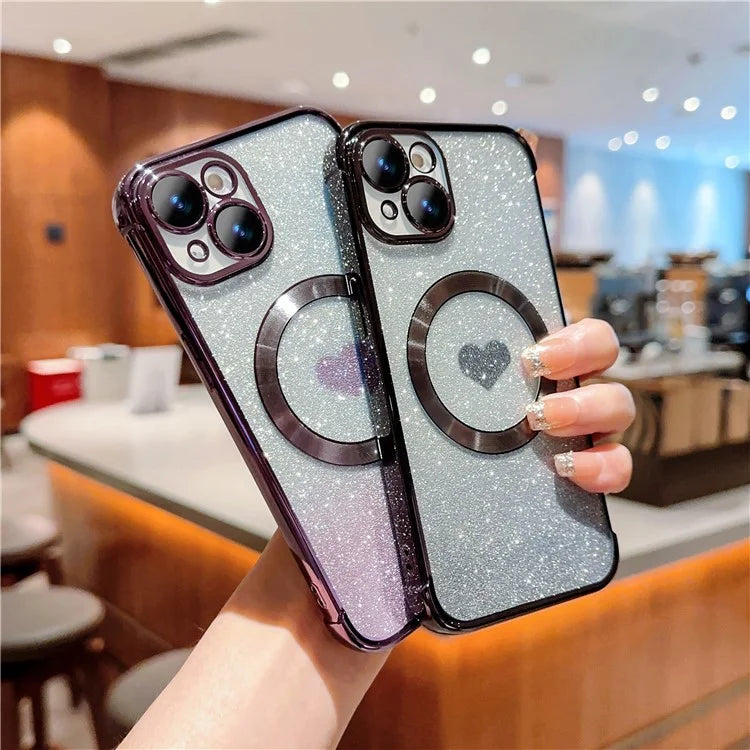 For iPhone 15 Case Compatible with MagSafe Gradient Love Heart Electroplating TPU Phone Cover