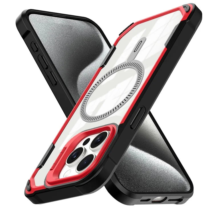 For iPhone 15 Pro Max Case PC+TPU+Acrylic Back Cover with Lens Kickstand Compatible with MagSafe