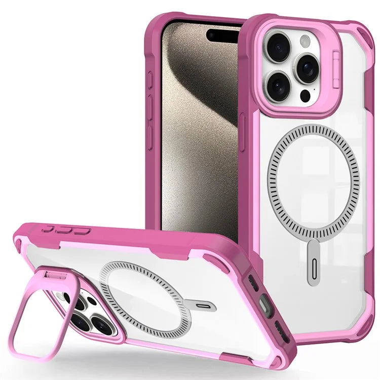 For iPhone 15 Pro Max Case PC+TPU+Acrylic Back Cover with Lens Kickstand Compatible with MagSafe