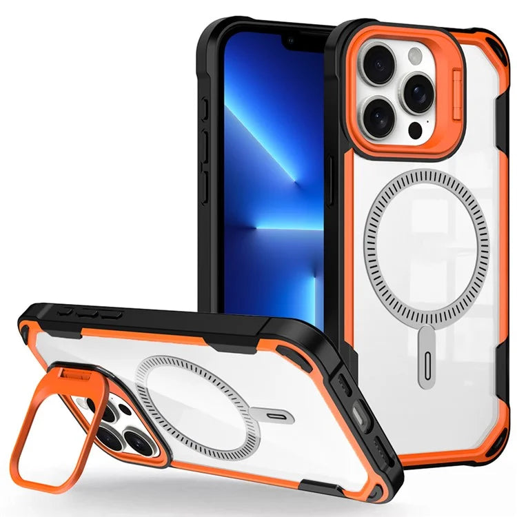 For iPhone 13 Pro Case PC+TPU+Acrylic Back Cover with Lens Kickstand Compatible with MagSafe