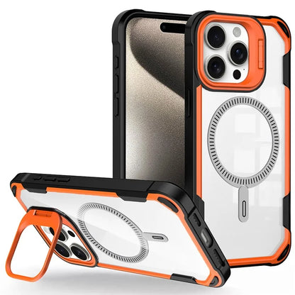 For iPhone 16 Pro Case PC+TPU+Acrylic Back Cover with Lens Kickstand Compatible with MagSafe
