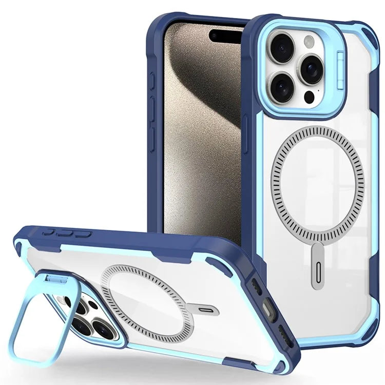For iPhone 16 Pro Case PC+TPU+Acrylic Back Cover with Lens Kickstand Compatible with MagSafe