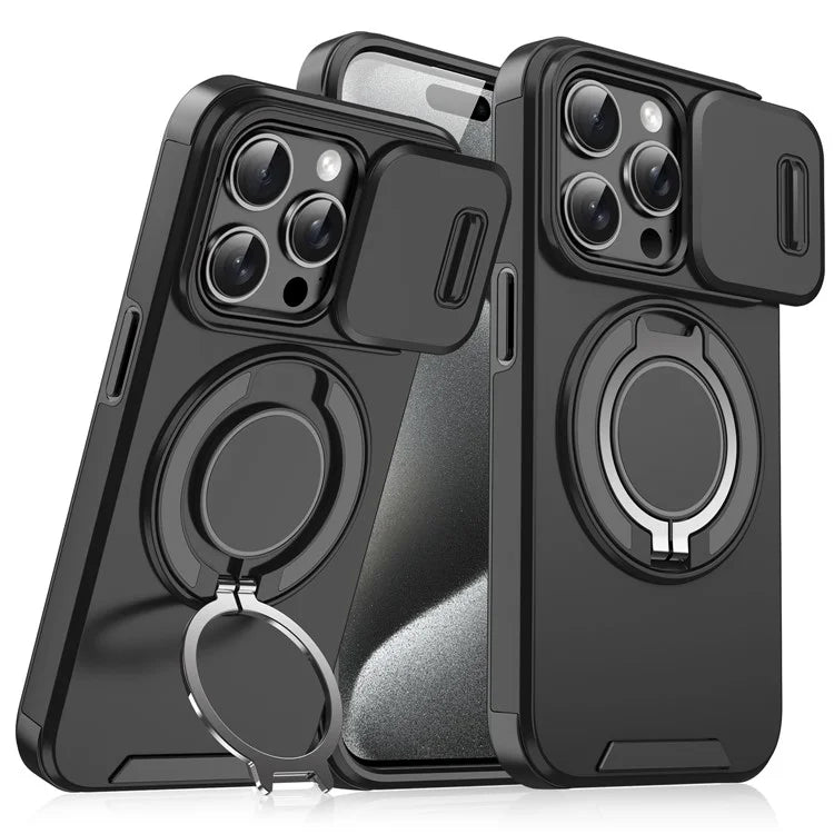 For iPhone 14 Pro Max Magnetic Case Kickstand TPU+PC Phone Case with Camera Lens Slide Lid