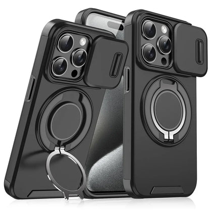 For iPhone 14 Pro Max Magnetic Case Kickstand TPU+PC Phone Case with Camera Lens Slide Lid