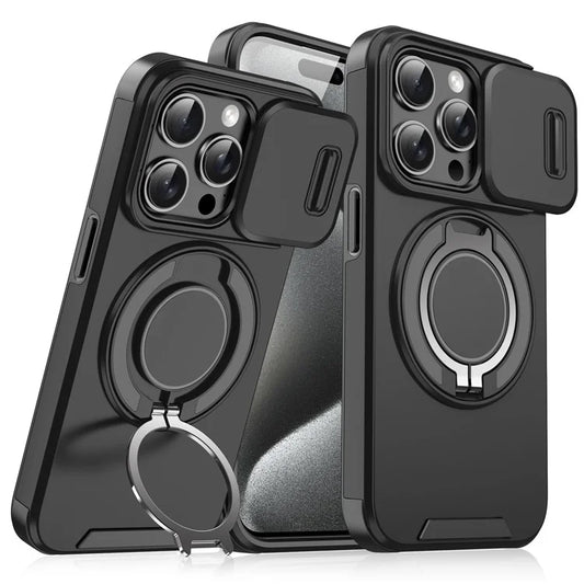 For iPhone 14 Pro Max Magnetic Case Kickstand TPU+PC Phone Case with Camera Lens Slide Lid