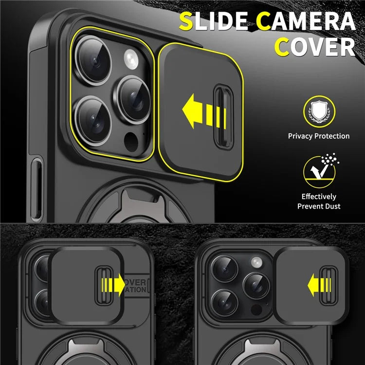 For iPhone 14 Pro Max Magnetic Case Kickstand TPU+PC Phone Case with Camera Lens Slide Lid