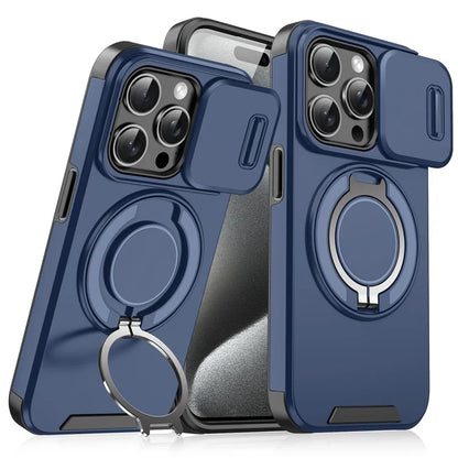 For iPhone 14 Pro Max Magnetic Case Kickstand TPU+PC Phone Case with Camera Lens Slide Lid