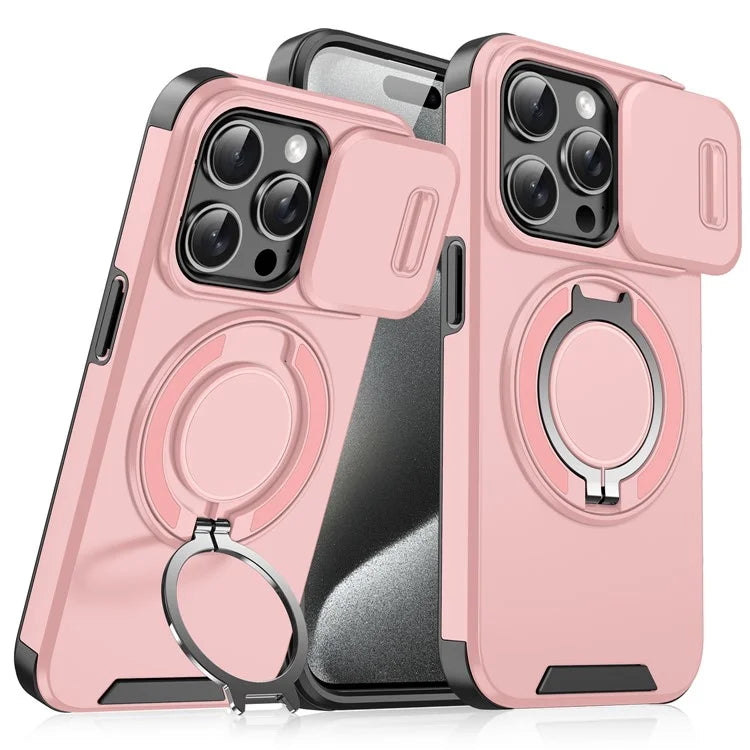 For iPhone 14 Pro Max Magnetic Case Kickstand TPU+PC Phone Case with Camera Lens Slide Lid
