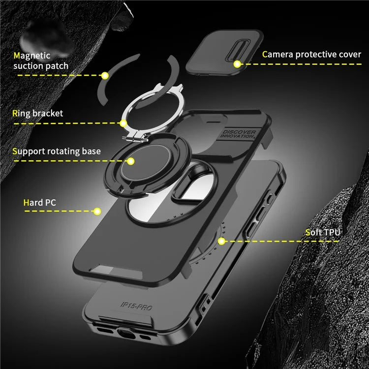 For iPhone 14 Pro Max Magnetic Case Kickstand TPU+PC Phone Case with Camera Lens Slide Lid