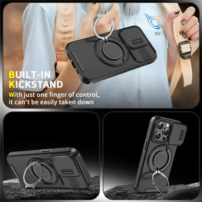 For iPhone 14 Pro Max Magnetic Case Kickstand TPU+PC Phone Case with Camera Lens Slide Lid