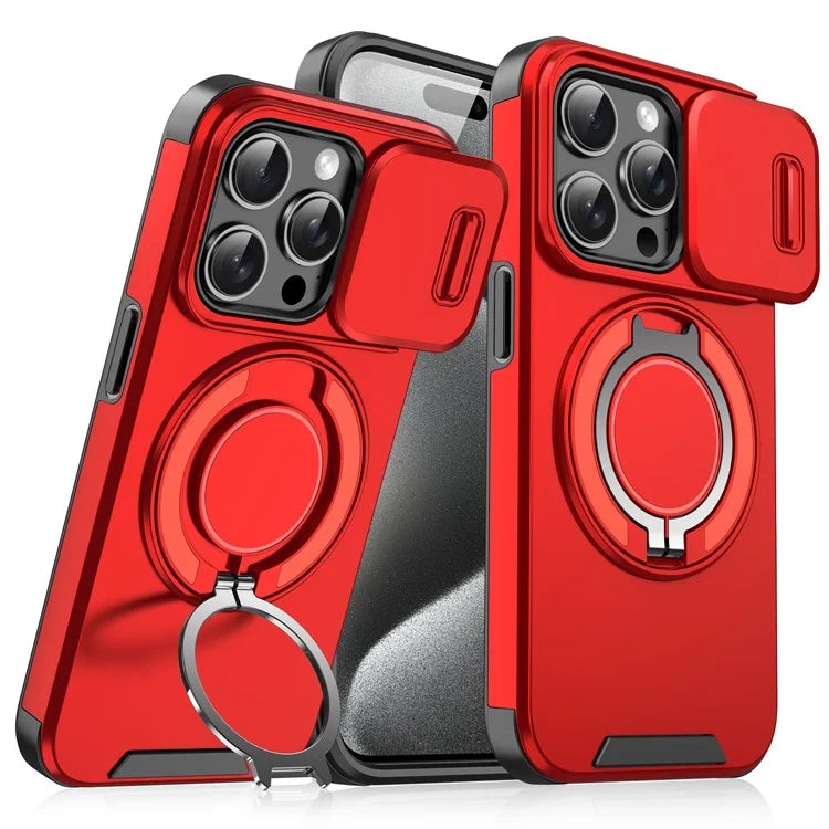 For iPhone 14 Pro Max Magnetic Case Kickstand TPU+PC Phone Case with Camera Lens Slide Lid