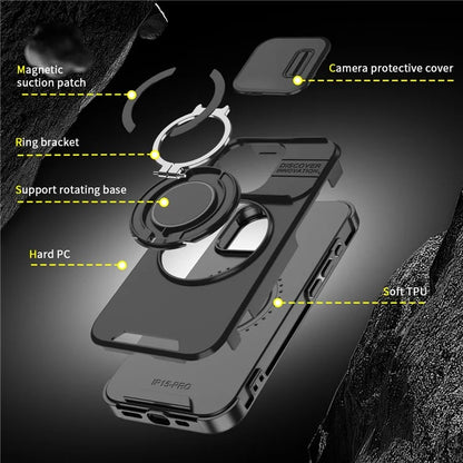 For iPhone 14 Pro Max Magnetic Case Kickstand TPU+PC Phone Case with Camera Lens Slide Lid