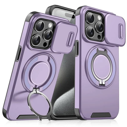 For iPhone 14 Pro Max Magnetic Case Kickstand TPU+PC Phone Case with Camera Lens Slide Lid