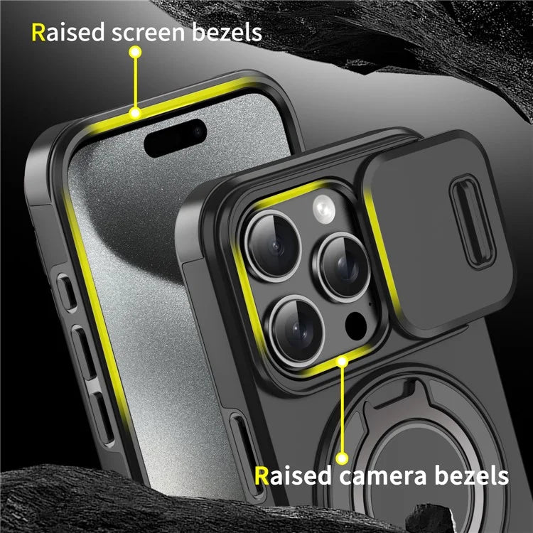 For iPhone 14 Pro Max Magnetic Case Kickstand TPU+PC Phone Case with Camera Lens Slide Lid