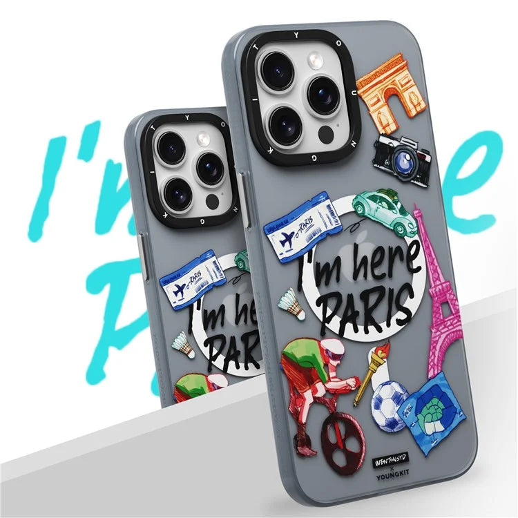 YOUNGKIT I'm Here Paris Series For iPhone 14 Pro Max Magnetic Case PC+TPU Phone Cover IMD Design