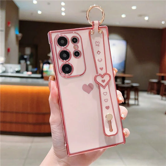 For Samsung Galaxy S22 Ultra 5G Case Love Heart Pattern TPU Phone Cover Wristband Finger Holder