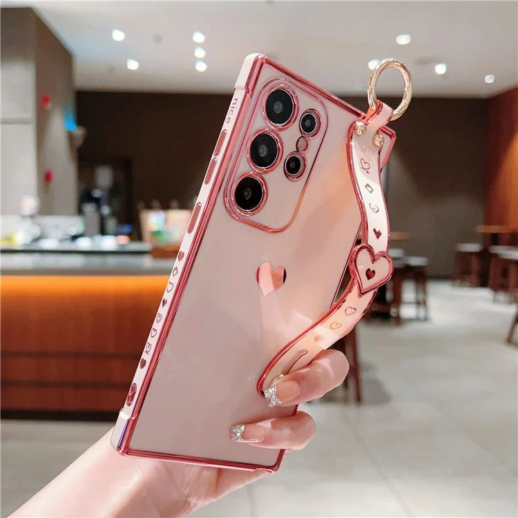 For Samsung Galaxy S22 Ultra 5G Case Love Heart Pattern TPU Phone Cover Wristband Finger Holder