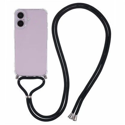 For iPhone 16 Case Clear TPU Protective Back Phone Cover with Strap (Large Lens Hole)