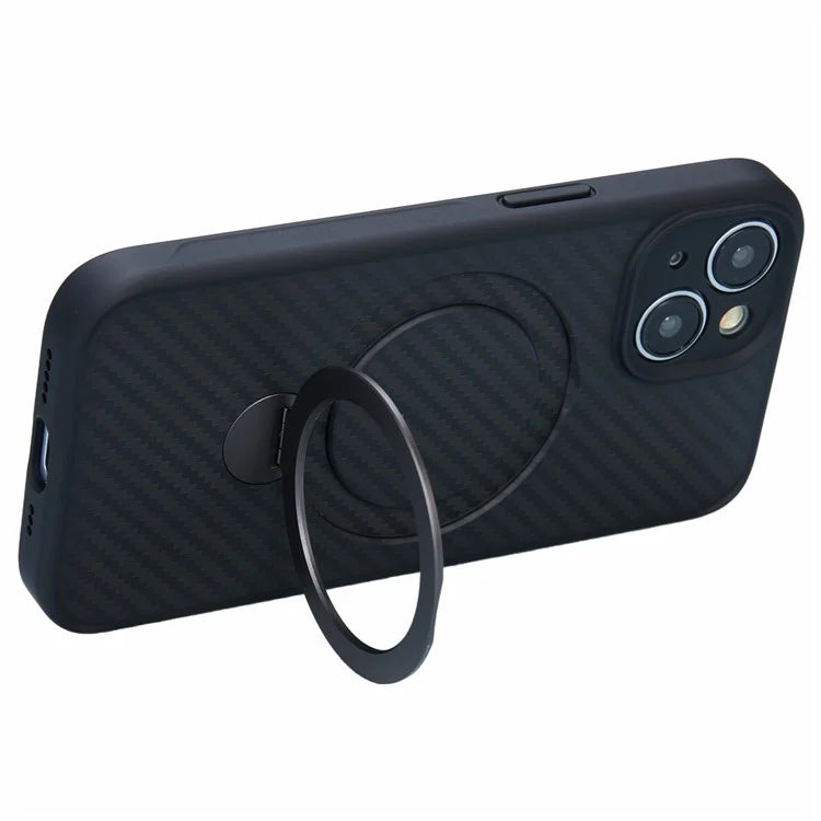 For iPhone 15 Case TPU+PC Carbon Fiber Texture Phone Cover with Rotatable Magnetic Kickstand